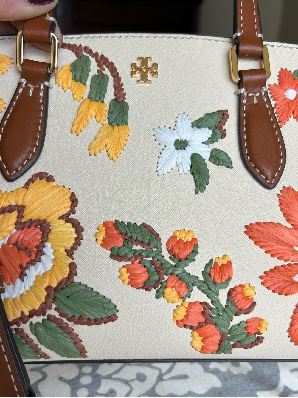 Tory Burch Cream Satchel with Orange, Yellow & Green Floral Embroidery - Picture 4 of 10